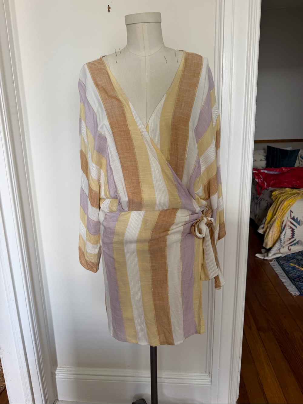 L*SPACE Pastel Striped Cover-Up Wrap Dress in Yellow, Lavender & Tan